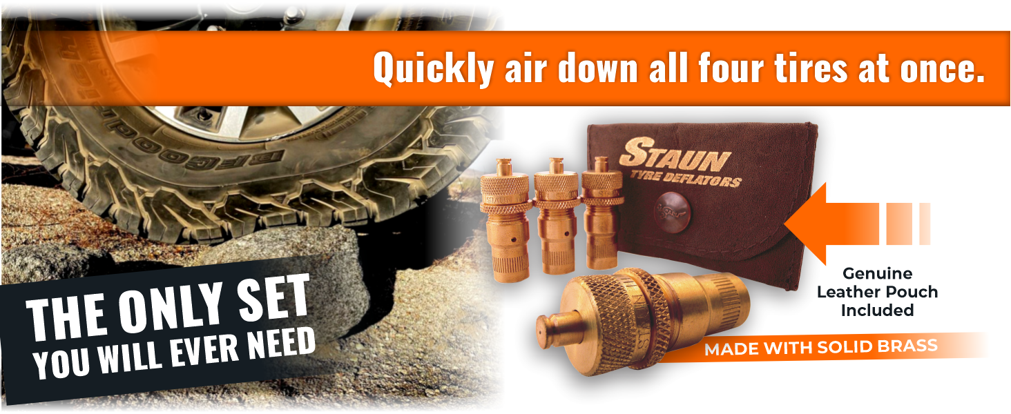 Quickly air down all four tires at once — the only set you will ever need. Genuine leather pouch included, made with solid brass.